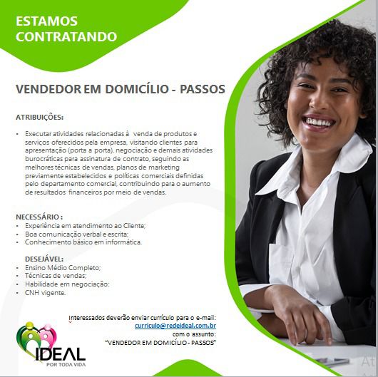 Estamos contratando: Vendedor em Domicílio - Rede Ideal | Passos MG