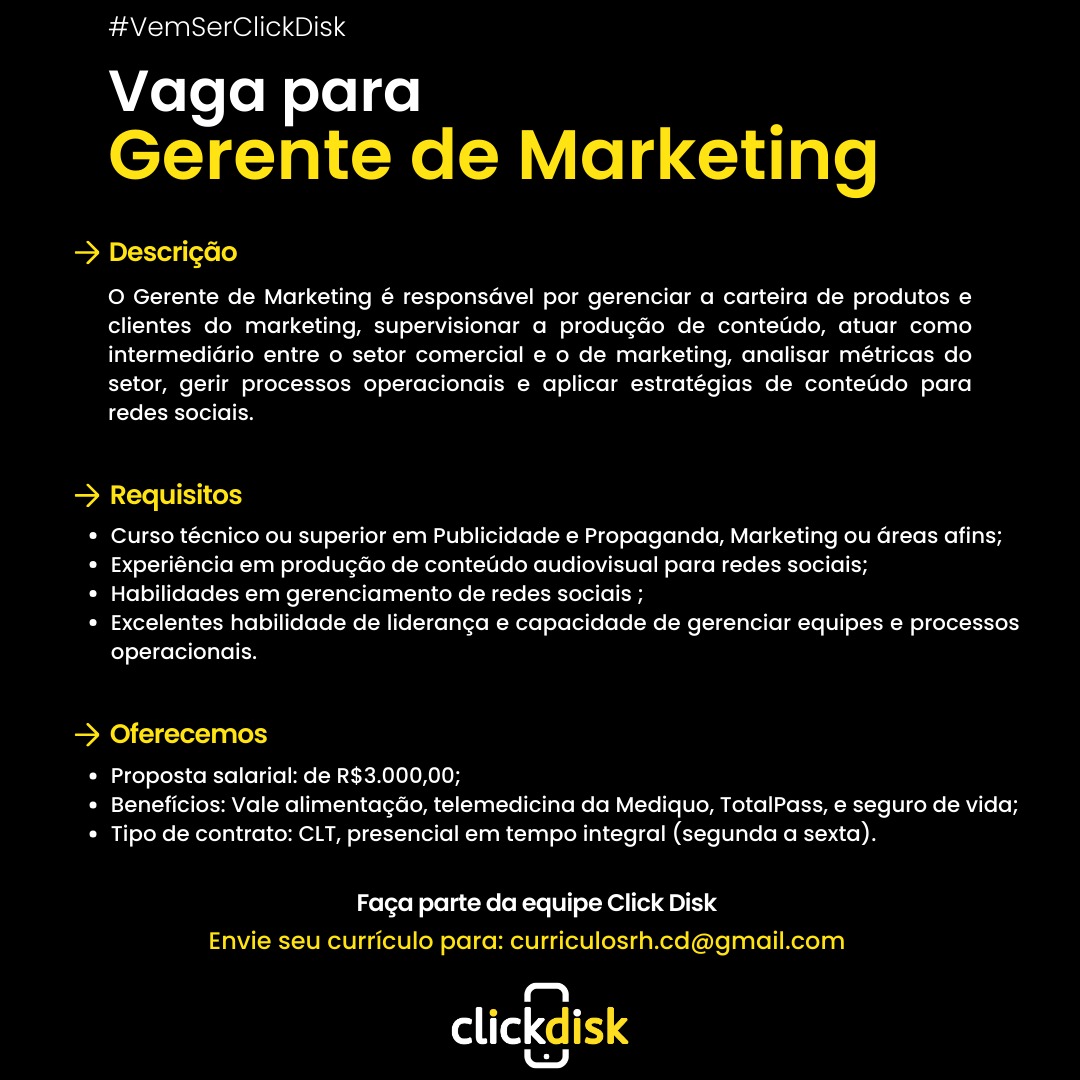 Vaga de Emprego: Gerente de Marketing - Click Disk | Passos MG