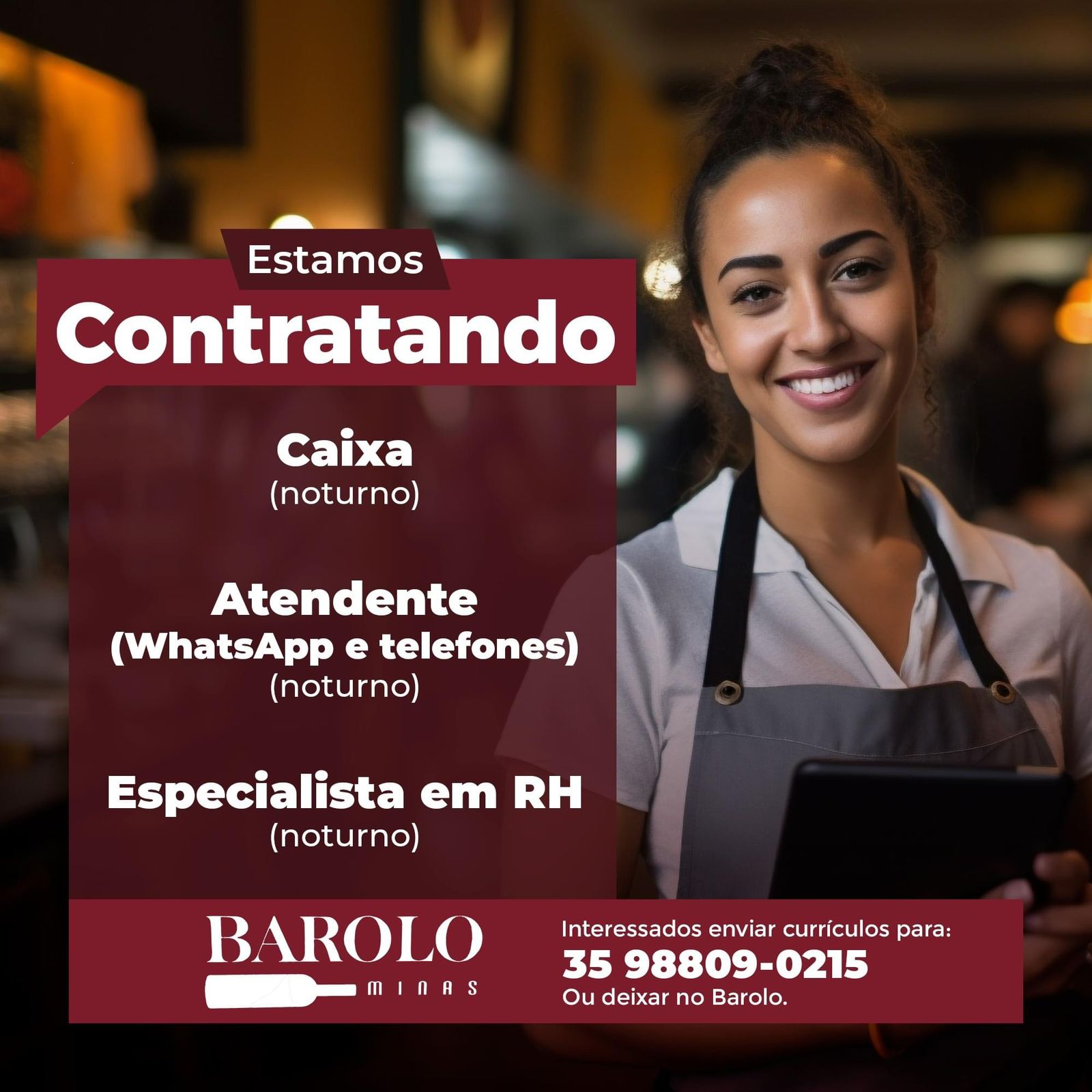 Vaga de Emprego: Caixa | Atendente WhatsApp e Telefone | Especialista em RH - Barolo Minas | Passos MG