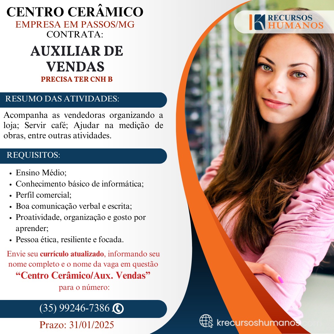 Vagas de emprego Passos- MG - Auxiliar de Vendas - Centro Cerâmico