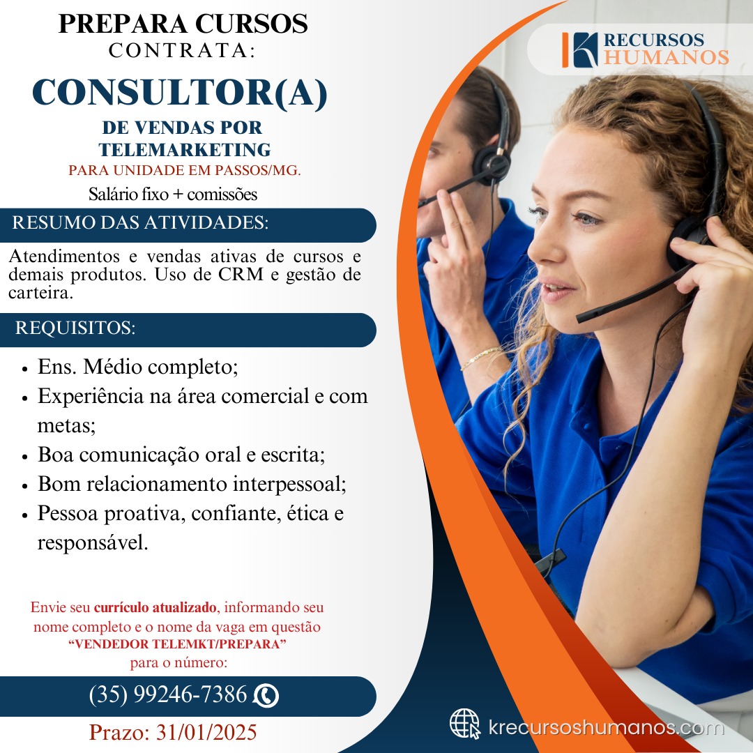 Vagas de emprego Passos-MG - Consultor(A) de Vendas por Telemarketing - Prepara Cursos