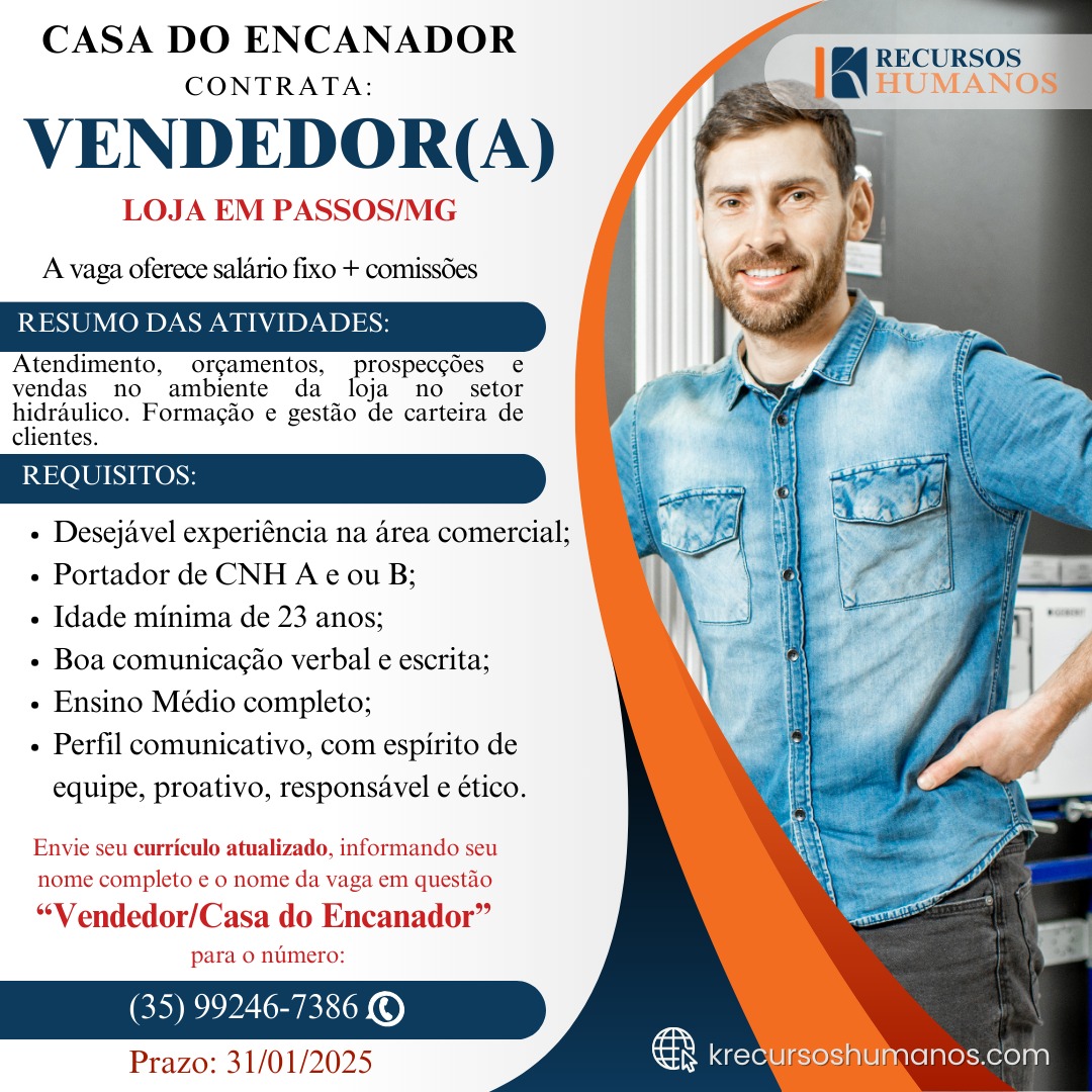 Vagas de emprego Passos- MG - Vendedor - Casa do Encanador