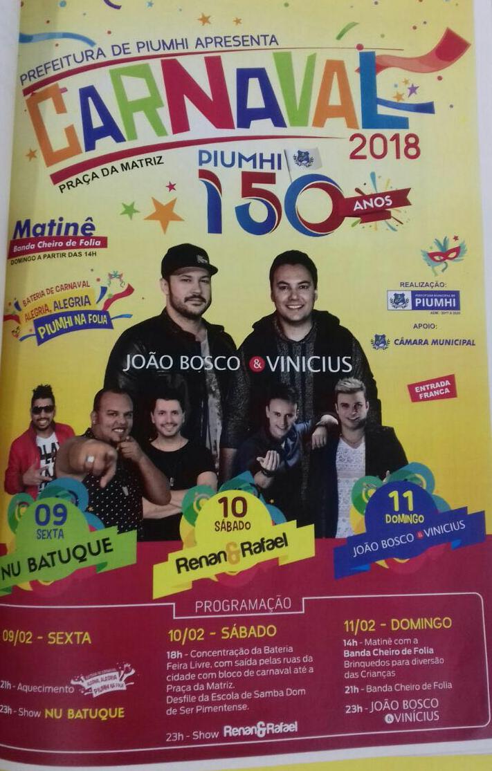 Carnaval Piumhi-MG 2018 - 150 anos! 9 a 11 de Fevereiro