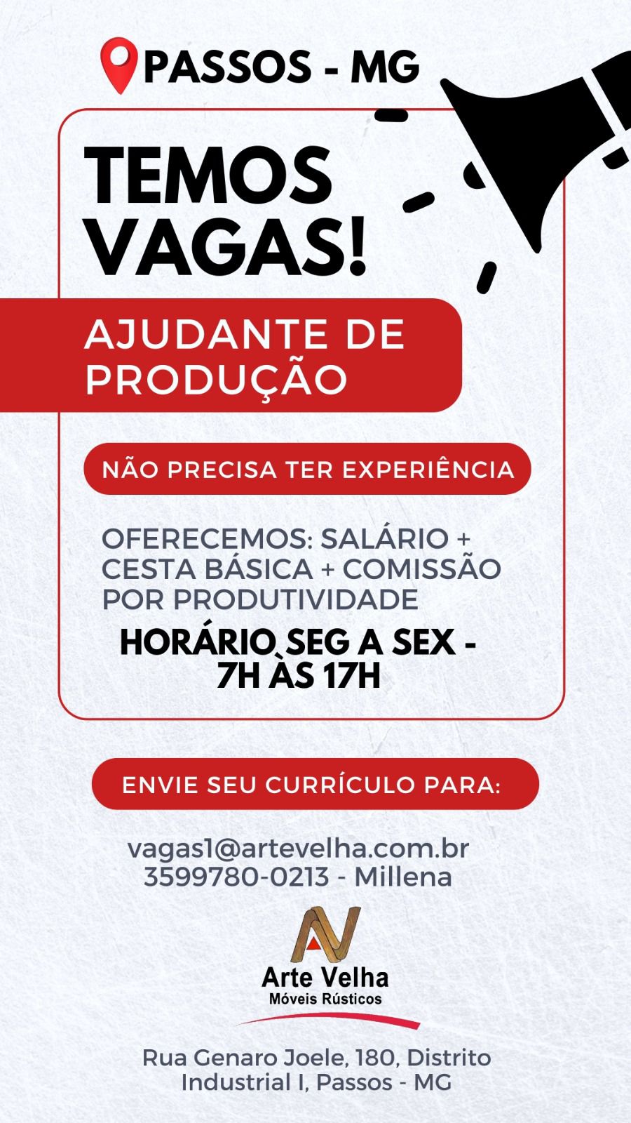 Vaga de Emprego: Ajudante de Produção - Arte Velha Móveis Rústicos | Passos MG