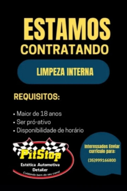 Vaga de Emprego: Limpeza Interna - Pit Stop Limpeza Automotiva | Passos MG