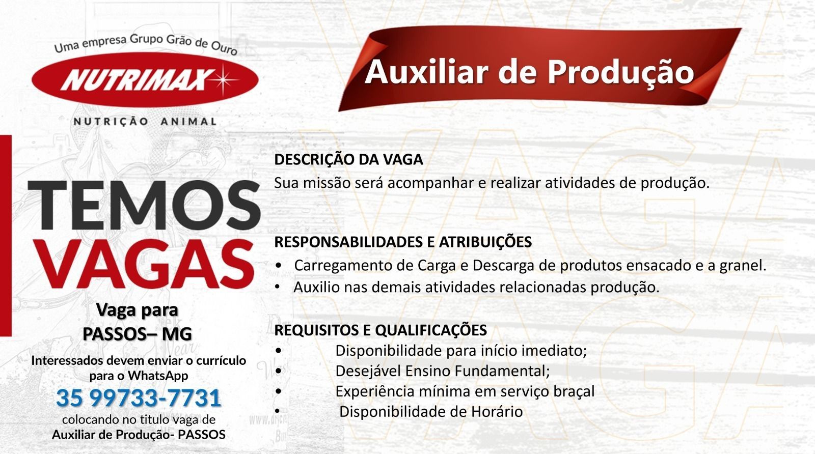 Vaga de Emprego: Auxiliar de Produção - Nutrimax - Passos MG