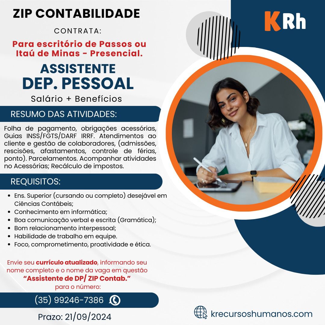 Vaga de Emprego: Assistente Dep. Pessoal - Zip Contabilidade - Passos MG