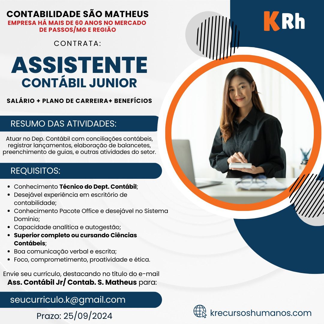 Vaga de Emprego: Assistente Contábil Júnior - Contabilidade São Matheus - Passos MG