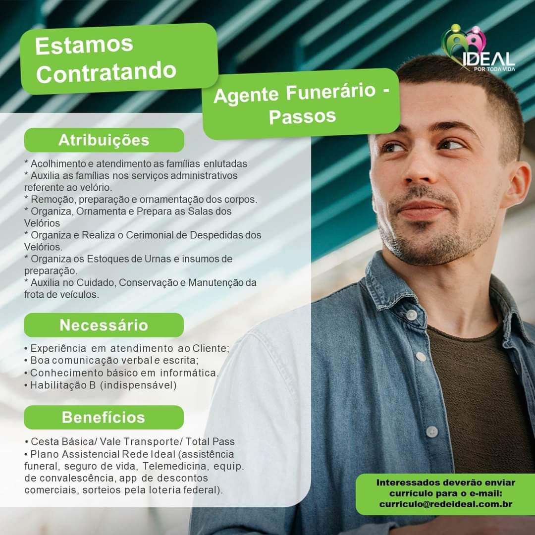 Vaga de Emprego - Agente Funerário - Ideal - Passos MG