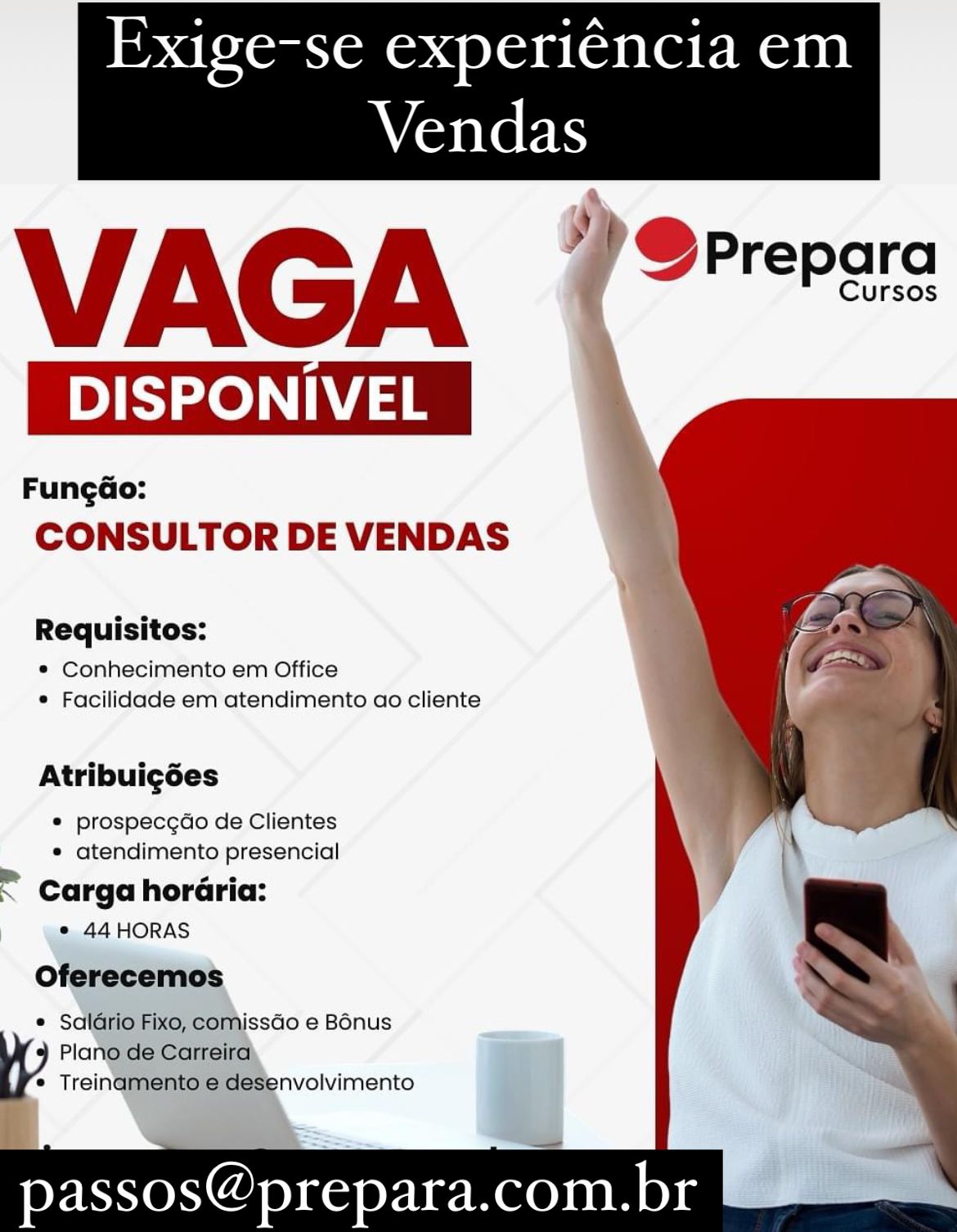 Vaga de Emprego - Consultor de Vendas - Prepara Cursos - Passos MG