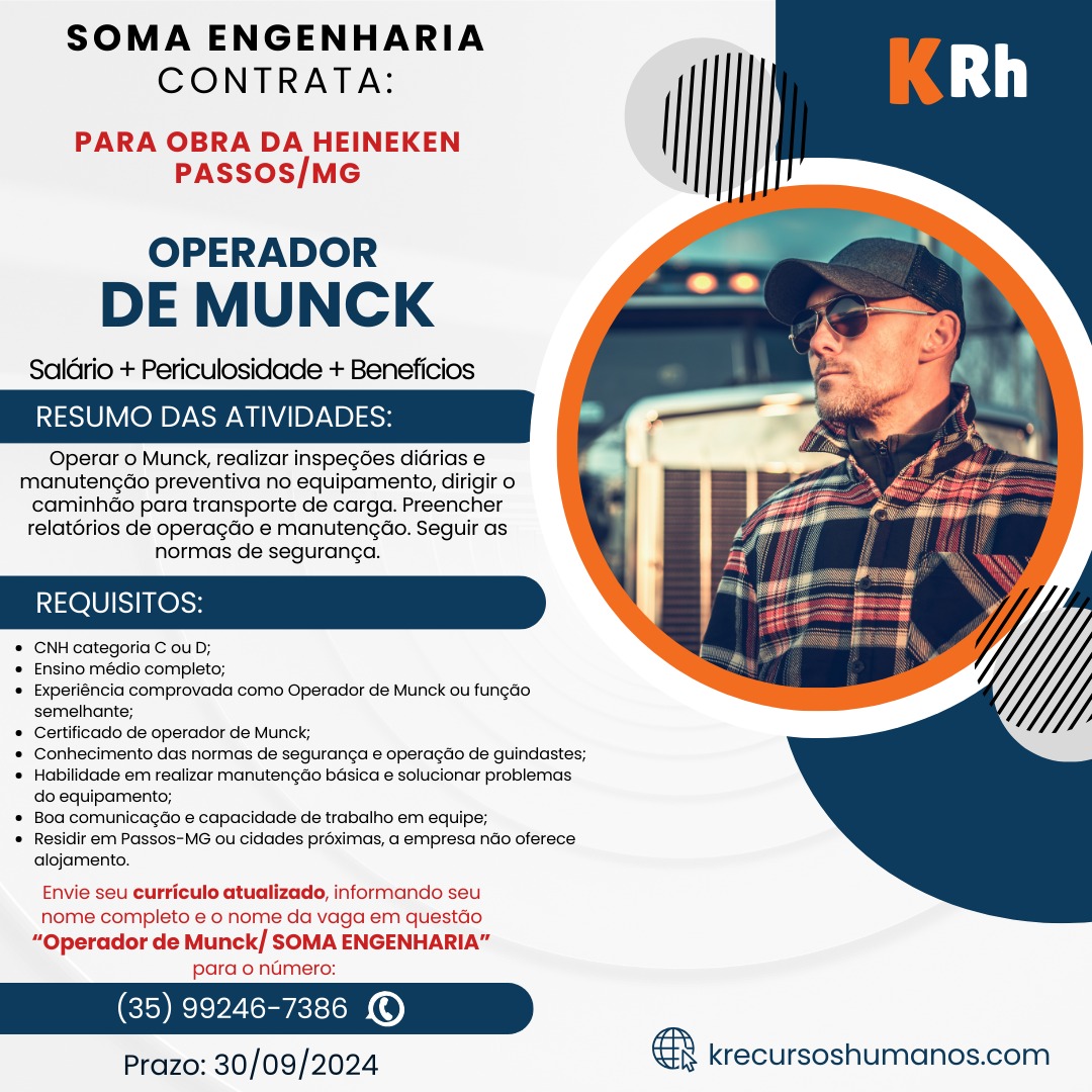 Vaga de Emprego - Operador de Munck - Soma Engenharia - Passos MG