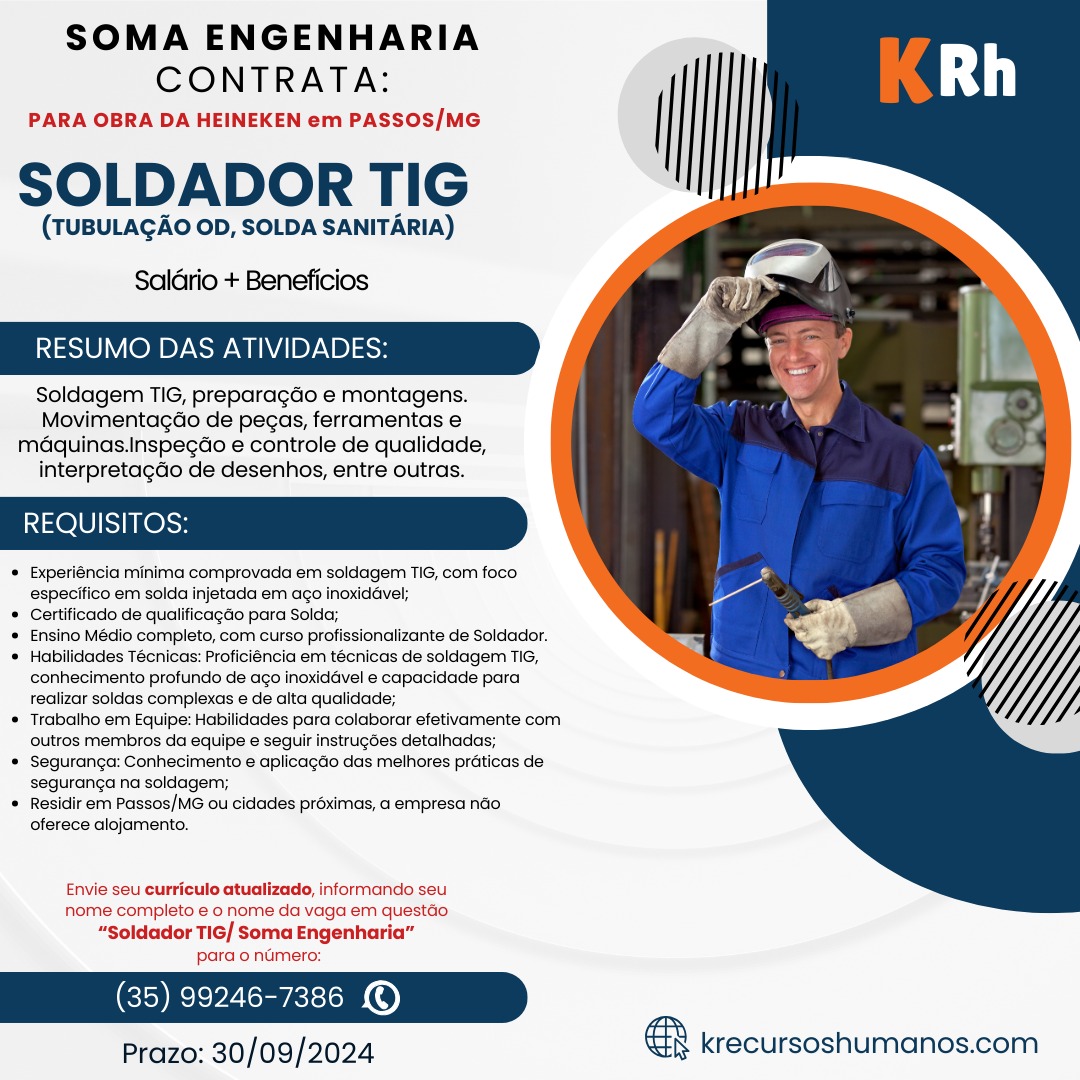 Vaga de Emprego - Soldador TIG - Soma Engenharia - Passos MG