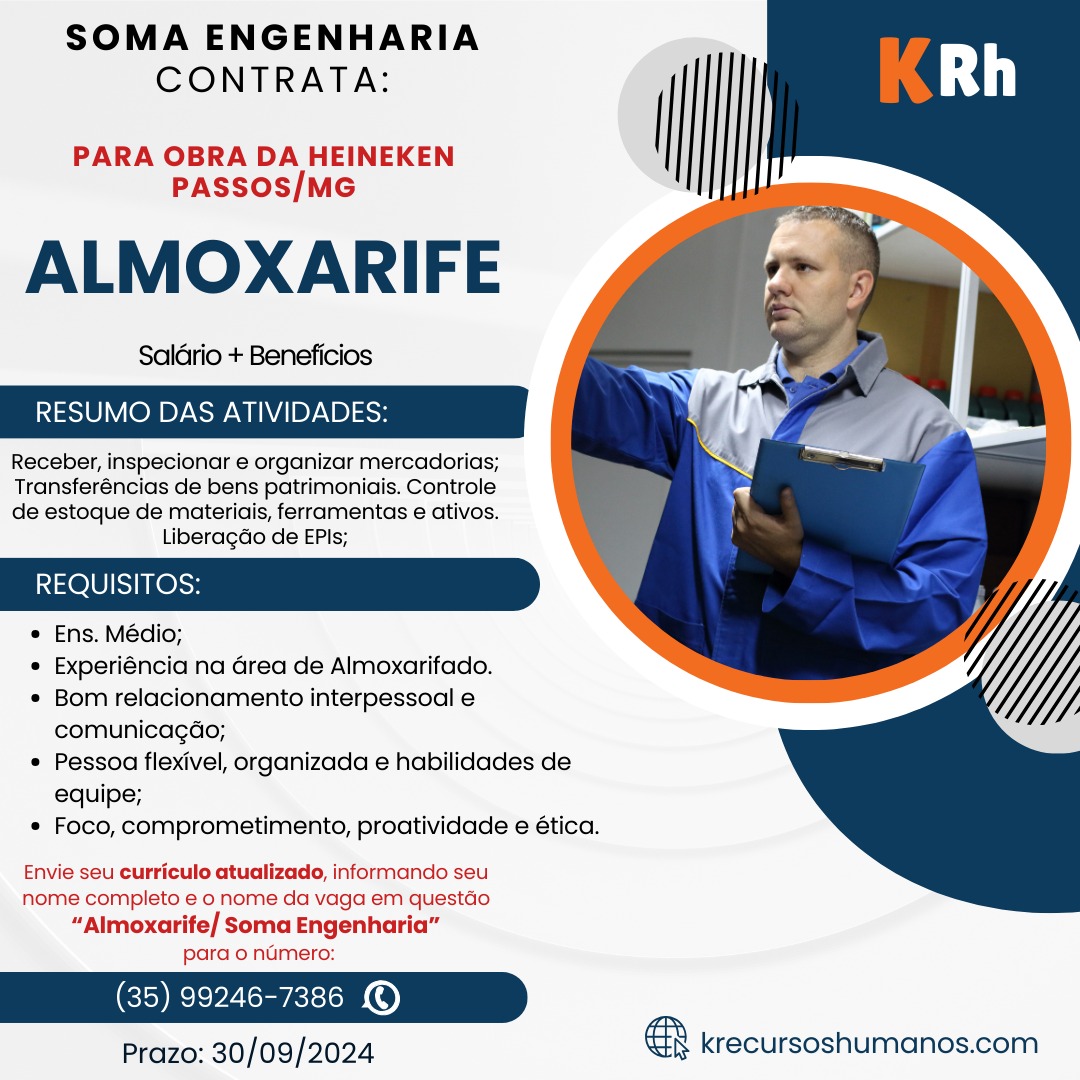 Vaga de Emprego - Almoxarife - Soma Engenharia - Passos MG