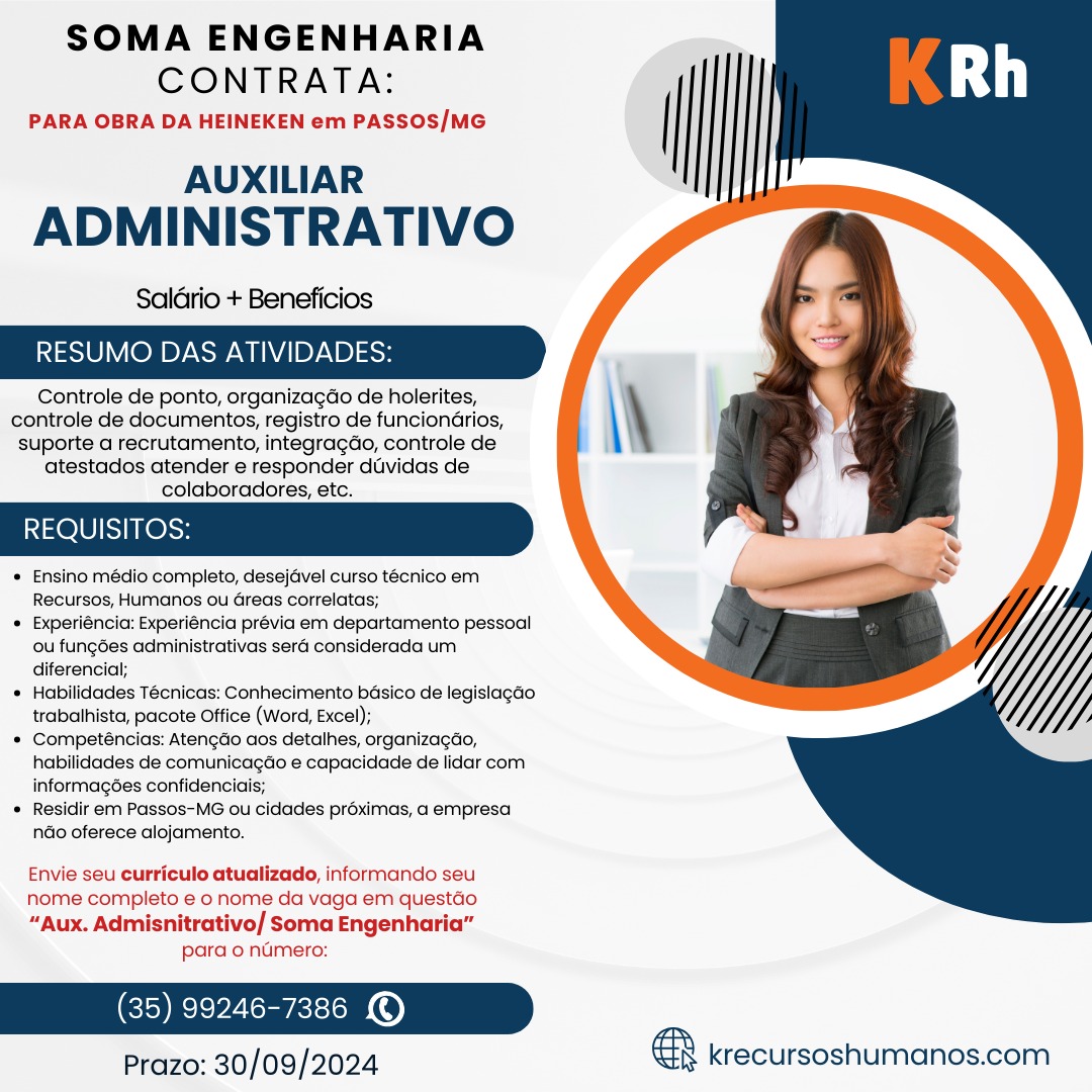 Vaga de Emprego - Auxiliar Administrativo - Soma Engenharia - Passos MG