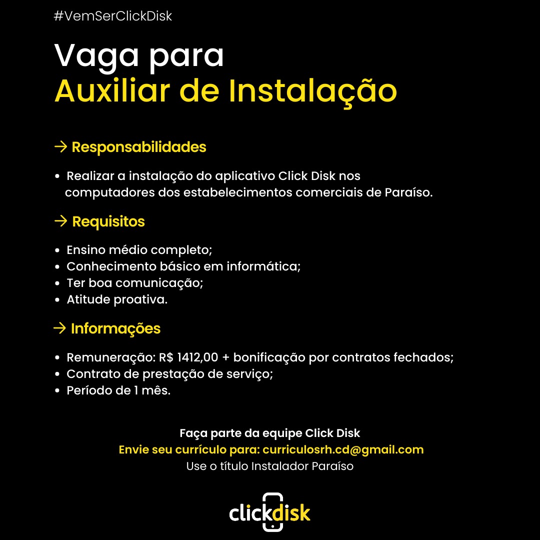 Vaga de Emprego: Auxiliar de Instalação - Click Disk- São Sebastião do Paraíso 