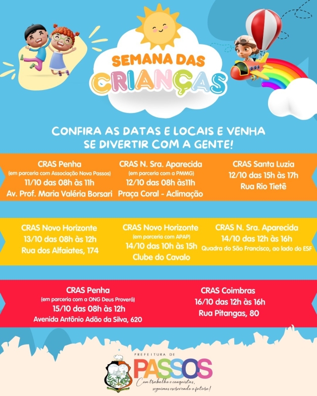 Programação Especial Para o Dia das Crianças - Semana das Crianças CRAS | Passos MG
