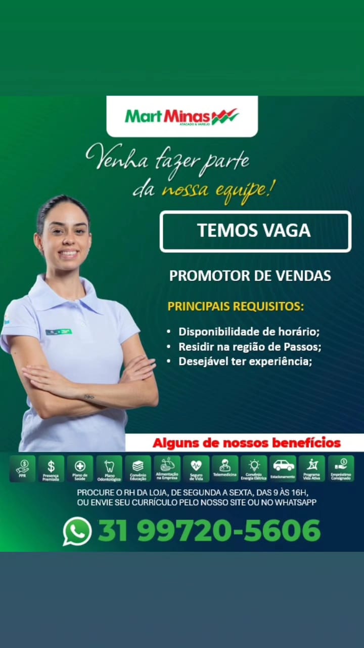 Vaga de Emprego - Promotor de Vendas - Supermercado Mart Minas | Passos MG