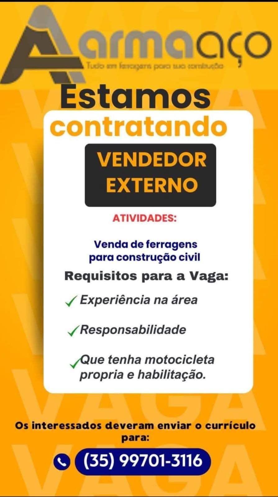 Vaga de Emprego - Vendedor Externo - Armaaço | Passos MG