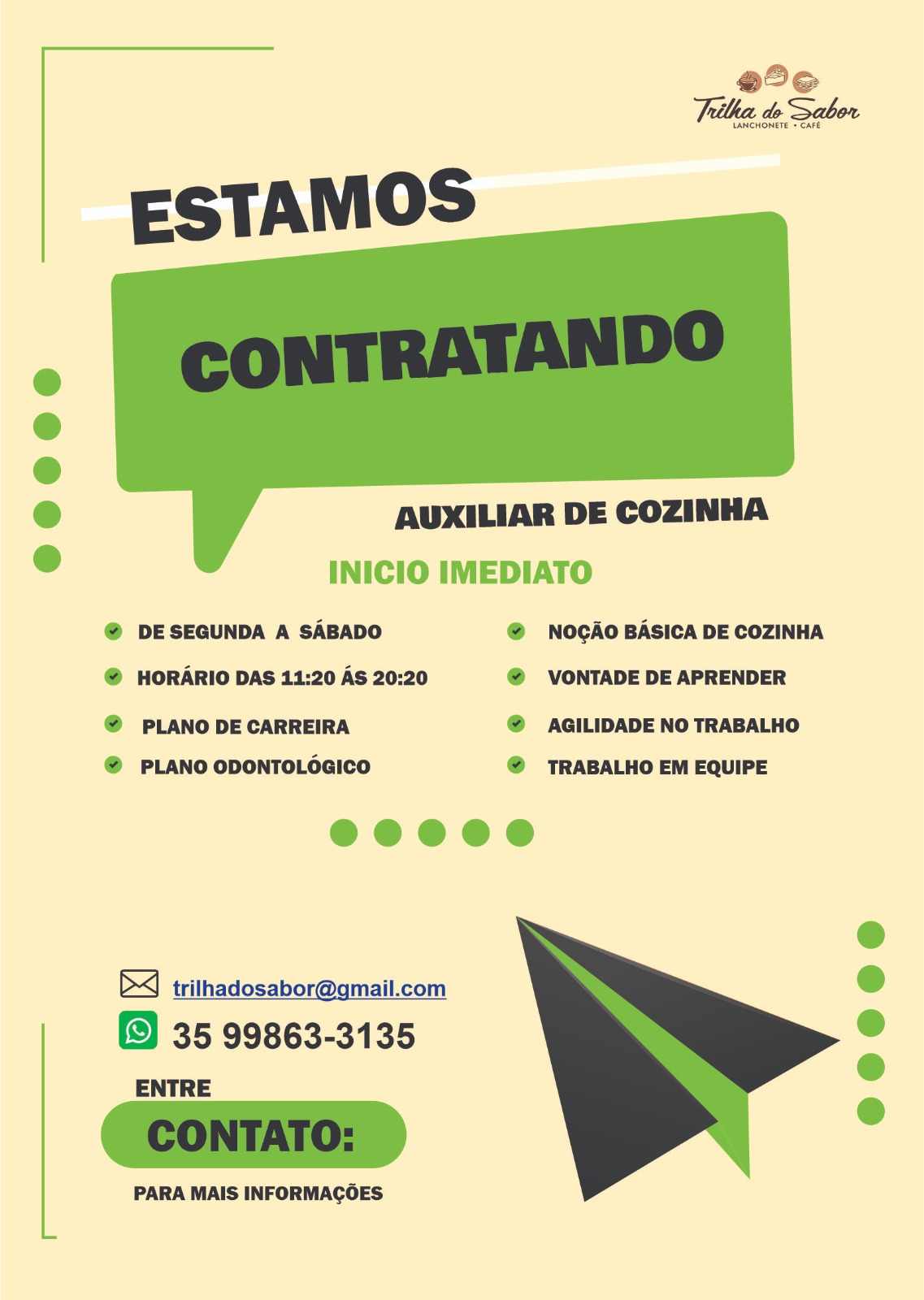 Vaga de Emprego - Auxiliar de Cozinha - Trilha do Sabor | Passos MG