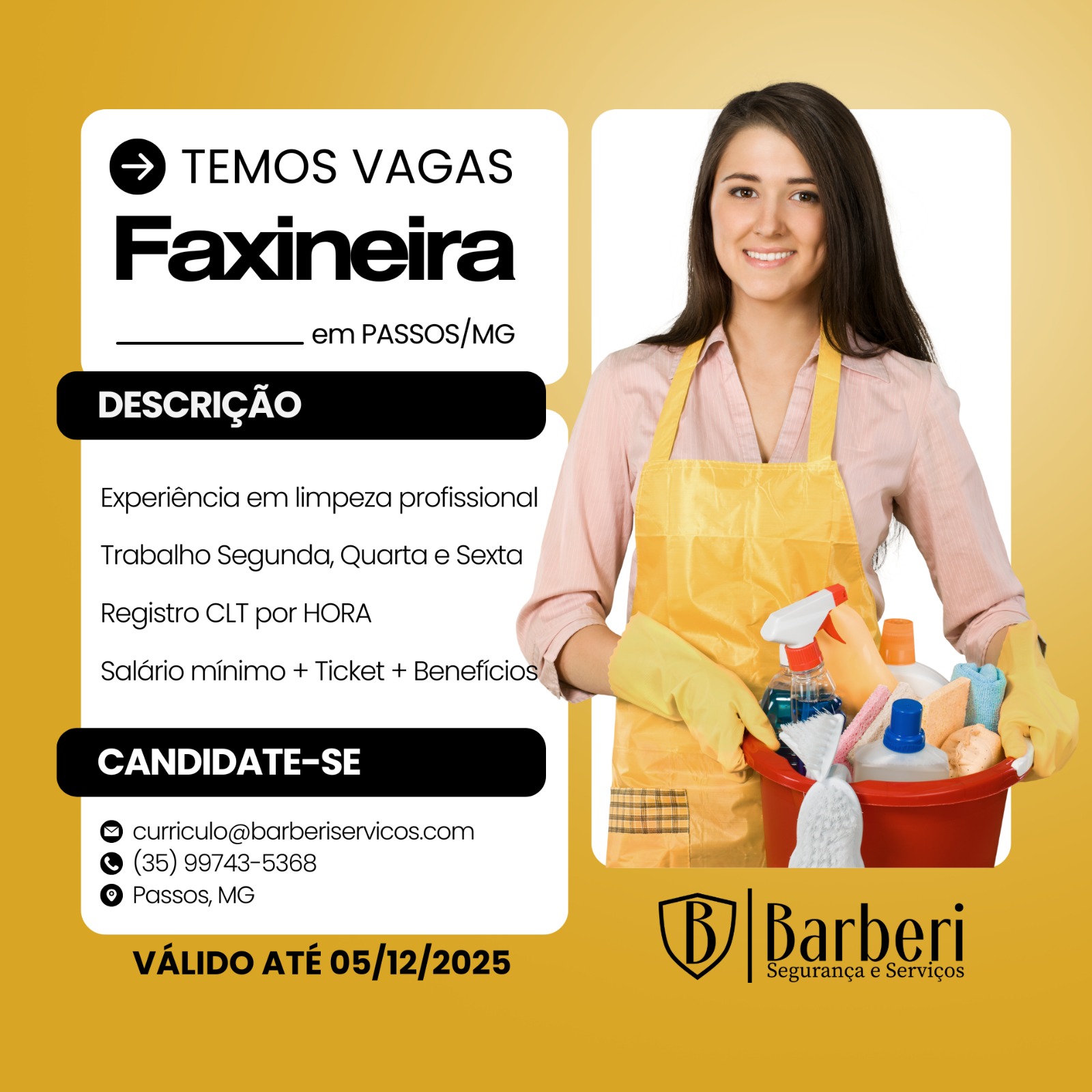 Vaga de Emprego - Faxineira - Barberi Segurança e Serviços | Passos MG