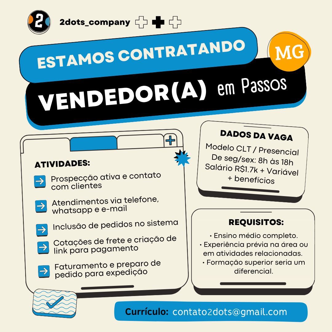Vaga de Emprego - Vendedor(A) -  2 dots Company | Passos MG