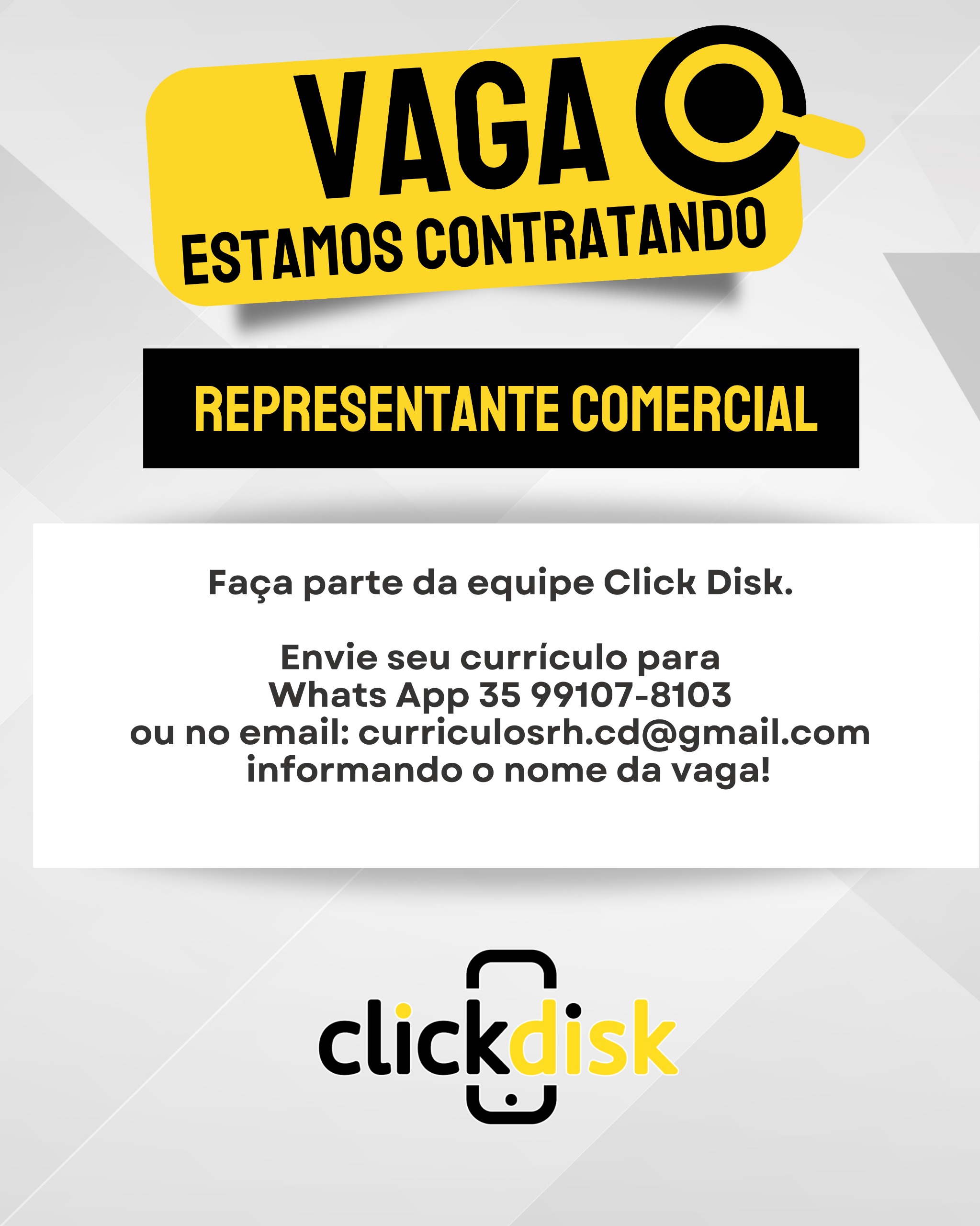  Vaga de Emprego - ClickDisk Representante Comercial | Passos MG