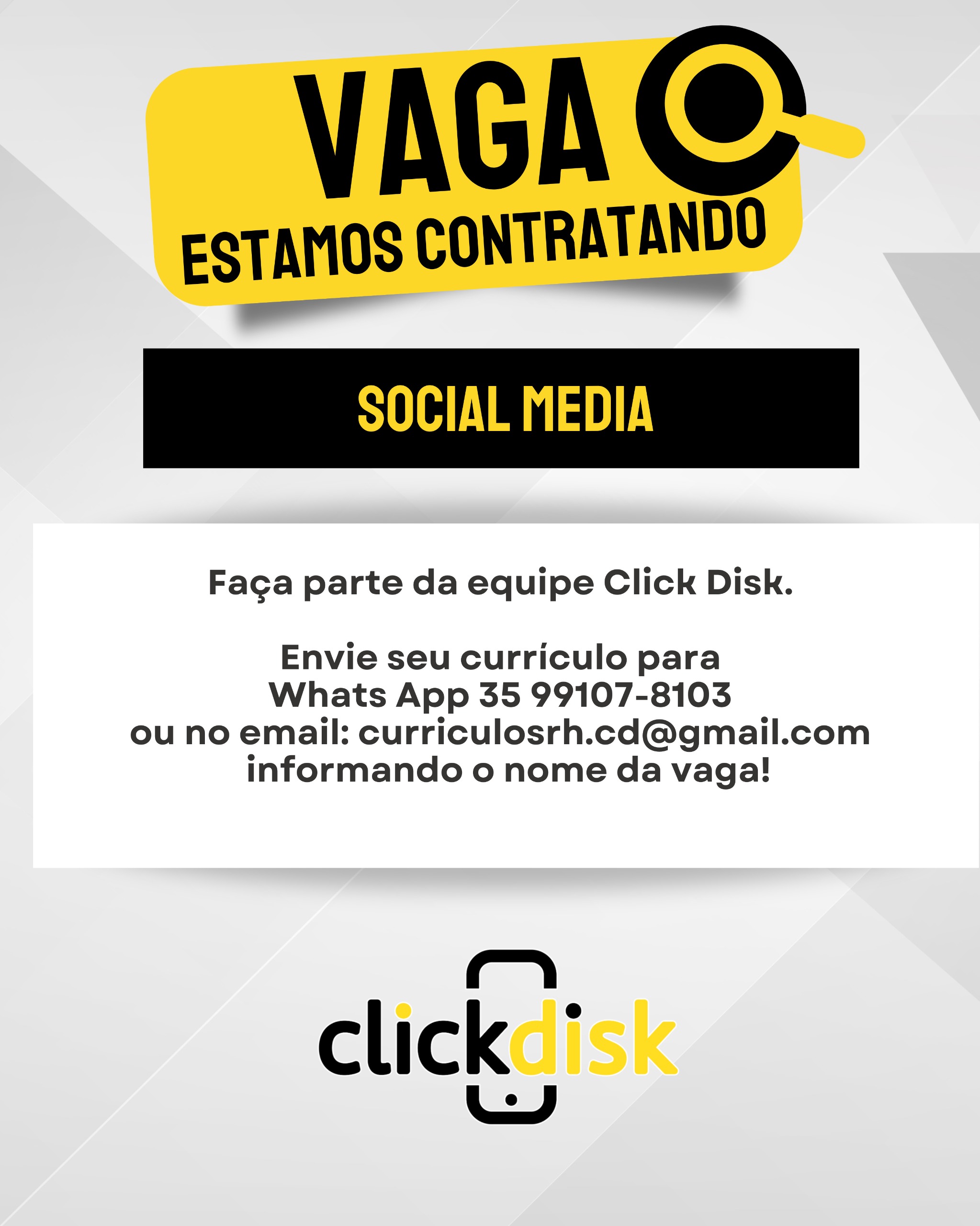  Vaga de Emprego - Social Média ClickDisk | Passos MG