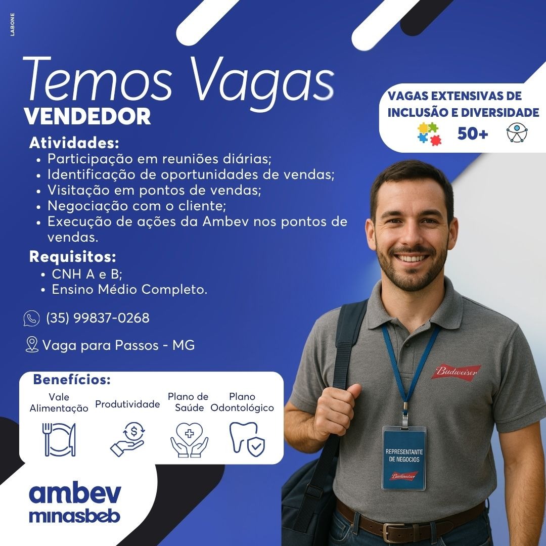 .Vaga de Emprego - Vendedor - Ambev Minasbeb | Passos MG