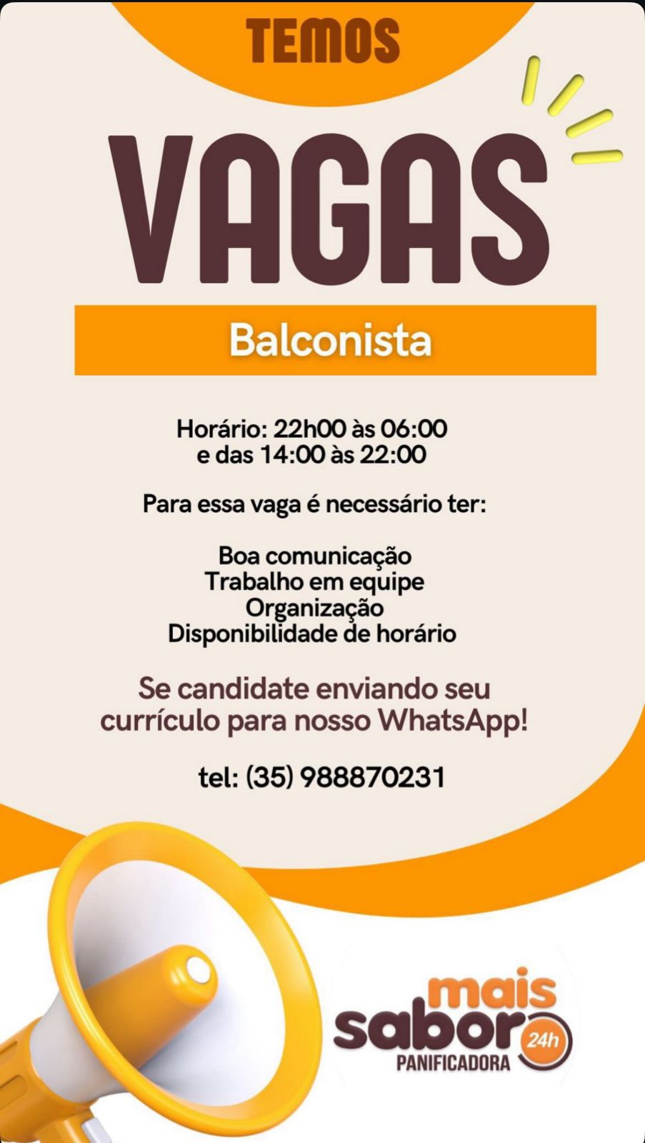 Vaga de Emprego - Balconista - Padaria Mais Sabor 24H | Passos MG