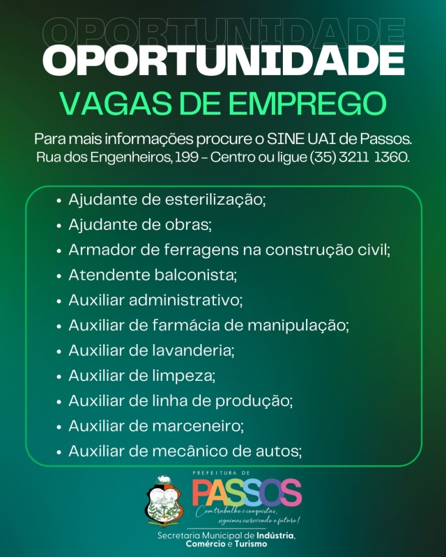 Vaga de Emprego - Prefeitura de Passos | Passos MG